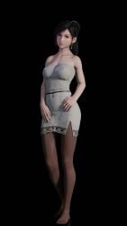 3d black_background black_hair casual choker feet final_fantasy final_fantasy_vii final_fantasy_vii_remake fit_female jewelry long_hair looking_at_viewer nipple_bulge pinup ponytail posing red_eyes simple_background skirt strapless_top tifa_lockhart white_skirt white_top