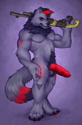 absurd_res amberblue animal_genitalia animal_penis anthro ball_tuft balls big_balls big_penis canid canine canine_penis canis genitals gun hi_res holding_gun holding_object holding_weapon male male_only mammal muscular muscular_male penis presenting presenting_balls presenting_penis pubes ranged_weapon red_eyes rupee_(character) shotgun simple_background solo tuft weapon were werecanid werecanine werewolf wolf