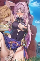 aether_(genshin_impact) blonde_hair blue_eyes blush breasts citlali_(genshin_impact) clothed clothed_sex cum cum_in_pussy fuhikari genshin_impact grabbing_breasts hiding licking_armpit long_hair pink_hair tagme tits