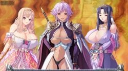 3girls anger angry angry_eyes angry_face big_breasts blonde_hair blonde_hair_female breasts cleavage clothed_female dark_blue_hair dress female female_only fire_background game_cg gigantic_breasts gladys_von_walkenheim huge_breasts knight knight_armor kyonyuu_fantasy kyonyuu_fantasy_gaiden large_breasts long_blonde_hair luceria_von_diamante massive_breasts nipples_visible_through_clothing pool purple_hair purple_hair_female queen rokusaanu_do_dejiiru short_purple_hair sword wife