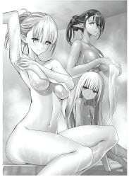 3girls arm_up armpits ass_visible_through_thighs bare_arms bare_belly bare_legs bare_shoulders bare_thighs barefoot bathing belly_button big_breasts black_and_white black_hair blush breasts casual_nudity closed_mouth collarbone completely_nude convenient_censoring dark-skinned_female dark_elf elf_ears erika_anarveil failure_frame:_i_became_the_strongest_and_annihilated_everything_with_low-level_spells feet_out_of_frame kawanakajima lisbeth_(failure_frame) long_hair novel_illustration nude official_art parted_lips pointy_ears same-sex_bathing seras_ashrain shared_bathing shiny_skin small_breasts smile soap thighs tied_hair towel underboob wet_body