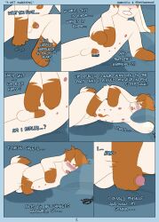 2026 absurd_res anthro balls bed bed_wetting bedding belly_nipples blanket blush close-up comic dialogue english_text erection eyewear floppy_ears foreskin fur furniture genitals glasses glasses_off green_eyes hi_res holding_penis humanoid_genitalia humanoid_penis lagomorph leporid lop_ears male male_peeing mammal masturbation on_bed open_mouth orange_body orange_fur peeing penis pillow rabbit robin_(robinstic) rroostersauce scut_tail short_tail solo star tail text touching_penis urine_pool wet_bed white_body white_fur