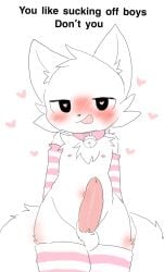 1boy 2d_(artwork) animal_penis arm_warmers balls bell_collar belly_button big_tail blush blush_lines blushing blushing_at_viewer boykisser boykisser_(meme) bushy_tail caption cat_collar cat_ears cat_tail changed_fan_artist collar curvy curvy_figure dick fan femboy femboy_focus femboy_only fur furry furry_only heart heart_symbol horny horny_male kemono licking looking_at_viewer love loving_it naked naked_male neko nipples non-human nude nude_male pov sanu(サヌ) silly silly_cat_(mauzymice) small_balls solo tasteful tasteful_nudity tentacle_dick thigh_highs white_background white_body white_fur