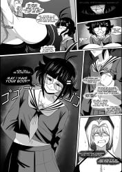 2girls against_wall ass_expansion asset_stealing attribute_swap attribute_theft breast_expansion bullying comic comic_page dialogue emmarrgus height_growth huge_ass huge_breasts keiko_(emmarrgus) onomatopoeia original original_character page_2 personality_change revenge school_uniform serafuku shrinking size_difference spirit