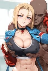 1boy 1girls abs ai_generated bare_arms bare_shoulders big_breasts blonde_hair blue_eyes blush cammy_white capcom color dark-skinned_male dark_skin female fit_female grabbing_breasts hand_on_breast hi_res interracial large_breasts light-skinned_female light_skin looking_at_viewer male male/female muscles muscular muscular_female muscular_male nakatori nipples_visible_through_clothing short_hair street_fighter street_fighter_6 tagme thick_thighs