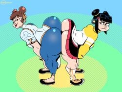 2girls ass ass_to_ass bent_over big_ass black_hair bottom_heavy brown_hair bubble_butt chun-li clothing dat_ass fat_ass goggles goggles_on_head huge_ass ineptoutcast large_ass li-fen looking_back massive_ass png smile smug street_fighter street_fighter_6 student student_and_teacher teacher thick_ass thick_thighs wide_hips