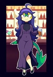 ai_generated alcohol anthro beverage blush breasts clothing dress female generation_5_pokemon hair hellsonger hi_res long_hair nintendo pokemon pokemon_(species) snex_maniac snivy solo