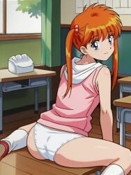 ai_generated ass bare_legs bent_knees bent_legs blue_eyes chair classroom day desk eyebrows eyebrows_visible_through_hair female hair_between_eyes highres inaba_kyouko indoors jigoku_sensei_nube kneeling kyoko_inaba legs legwear long_hair long_twintails looking_at_viewer looking_back looking_back_at_viewer no_pants no_shorts orange_hair panties pantira-maniax_(ai_generator) pink_shirt red_shoes school shirt shoes shounen_jump sitting sleeveless sleeveless_shirt small_breasts smile socks tied_hair twintails underwear wariza white_legwear white_panties white_underwear window younger_female