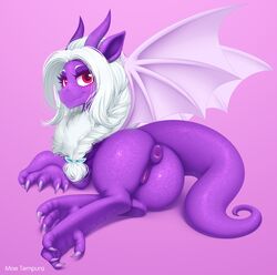 anthro anus ass braided_hair chest_tuft claws dragon female feral genitals hair hi_res horn looking_at_viewer lying moetempura on_side pink_background purple_body purple_scales pussy red_eyes scales scalie simple_background solo tuft white_hair wings