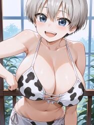 ai_generated ailucius777 big_breasts blue_eyes breasts cowgirl female green_hair large_breasts light-skinned_female pixie_cut smile uzaki-chan_wa_asobitai! uzaki_hana