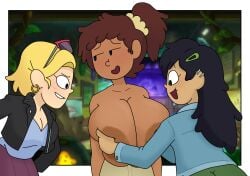 2d 3girls aged_up alternate_breast_size alternate_version_available amphibia amphibia_(finale) amphibia_(series) anne_boonchuy areolae asian_female big_breasts black_hair blonde_hair blush blush boobs_out breast_grab breast_size_difference breast_squeeze breast_squish breasts breasts_bigger_than_head brown_hair cleavage cleavage_overflow clothed dark-skinned_female dark_skin exposed_breasts facial_scar female female_focus female_only hands_on_breasts huge_breasts human large_breasts looking_at_another looking_away marcy_wu medium_breasts multiple_girls open_mouth rustybv3 sasha_waybright simple_background top_heavy top_heavy_breasts trio