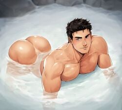 1boy all_fours ass ass_bigger_than_head ass_cleavage ass_focus ass_up bara big_ass big_breasts black_eyes black_hair blush bubble_butt collarbone dat_ass erect_nipples hi_res in_water juicy_ass looking_at_viewer male male_only manly mature_male muscles muscular muscular_arms muscular_ass muscular_legs muscular_male muscular_thighs onsen original original_character pecs plump_ass seductive short_hair solo thick_eyebrows v-shaped_eyebrows veiny_neck wet wet_body wide_shoulders winemvee