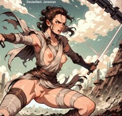 ai_generated angry angry_face battle female female_focus female_only fight hoeyuga jorenran naked nude nude_female rey ripped_clothing ripped_pants star_wars tag_your_shit