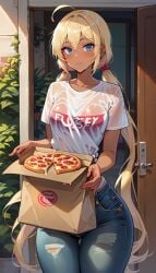 ahoge ai_failure ai_generated antenna_hair bad_anatomy bad_censor blonde_hair blue_eyes blue_jeans dark_skin door doorway food jeans large_breasts light-skinned_female long_hair open_door paper_bag pizza pizza_box pizza_delivery pizza_girl ripped_jeans ripped_pants see-through_clothing short_sleeves sunlight tall_girl tan-skinned_female tight_jeans twintails wet_shirt white_shirt yellow_hair