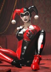 3d athletic athletic_female batman_(series) busty dc dc_comics domino_mask female female_focus female_only harley_quinn hourglass_figure jester jester_hat jester_outfit makeup pinup pinup_pose wide_hips wildynsfw