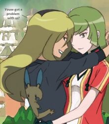 2girls ace_trainer_(pokemon) ace_trainer_(pokemon_oras) blonde_hair blue_lipstick breasts delinquent_(pokemon) embracing embracing_another embracing_each_other females females_only game_freak girls girls_only green_hair lesbian lesbians lipstick nintendo pokemon pokemon_oras pokemon_rgby text yuri