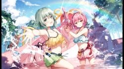 2girls beach koishi_komeiji official_art rainbow satori_komeiji short_hair splashing swimsuit tagme touhou touhou_danmaku_kagura water water_gun