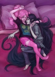 adventure_time black_hair cuddling handholding hugging in_bed long_ears long_hair marceline marceline_abadeer on_bed pink_hair pink_skin pink_thigh_socks princess_bubblegum sleeping spoon_position spooning yuri