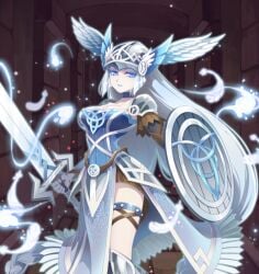 armor blue_eyes dungeon dungeon_and_girls helmet long_hair monster_girl spirit sword thighs valkyrie white_body white_hair