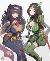 2girls between_breasts big_breasts black_hair confident fire_emblem fire_emblem_awakening fire_emblem_heroes looking_at_view looking_at_viewer ninja noire_(fire_emblem) pink_eyes purple_eyes scroll_inside shy tharja_(fire_emblem) thick_thighs thighs