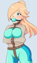 ball_gag blonde_hair blue_eyes bondage bound female female_only femsub fully_clothed gag nintendo png princess_rosalina puffpow shiny_clothes straitjacket tight_clothing