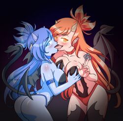 blue_skin clone clothed condom floonasif glowing_eyes groping groping_breasts hellfire_(thundah-strike) holding_condom horns looking_at_viewer panties pointy_ears ponytail red_skin saliva saliva_drip saliva_trail succubus succubus_costume succubus_horns succubus_tail succubus_wings tail_mouth teasing teasing_viewer tongue_kiss tongue_out wings