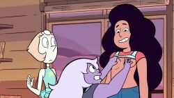 amethyst_(steven_universe) breast_grab clothed edit edited_screencap groping happy_female interspecies lesbian light-skinned_female long_hair pearl_(steven_universe) shirt_up small_breasts steven_universe stevonnie teenager