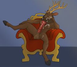 animal_genitalia animal_penis antlers balls bodily_fluids cervid chair cum cum_on_face cum_on_own_face cum_on_self equine_penis flare_(disambiguation) furniture genital_fluids genitals hi_res hooves horn joerat lounging male mammal nude penis sheath solo vein