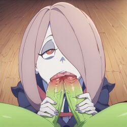 blowjob dick double_barrel_blowjob double_fellatio licking_penis little_witch_academia male orc sloppy_blowjob sucy_manbavaran women