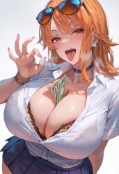 1girls ai_generated blush bra breasts choker cleavage earrings fellatio_gesture female female_only flyingpancake gyaru huge_breasts leopard_print money nami_(one_piece) one_piece paizuri_invitation prostitution skirt solo sunglasses sunglasses_on_head tongue_out