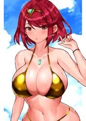 beach bikini bikini_top breasts cleavage core_crystal core_crystal_(xenoblade) diadem earrings gold_bikini huge_breasts oniisan02b pyra pyra_(xenoblade) red_eyes red_hair short_hair wet wet_body wet_skin xenoblade_(series) xenoblade_chronicles_2 yotsuhauni