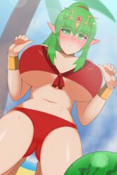 1girls adult alternate_costume ass_visible_through_thighs bangs beach bikini blush breasts fire_emblem fire_emblem_awakening fire_emblem_heroes from_below green_eyes green_hair huge_breasts kneeling long_hair looking_down mature_female melon nintendo official_alternate_costume palm_tree pibu pointy_ears ponytail red_bikini red_swimsuit sand solo sweat swimsuit tiki_(adult)_(fire_emblem) tiki_(adult)_(summer)_(fire_emblem) tiki_(fire_emblem) underboob watermelon