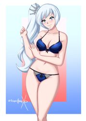 1girl blue_bra blue_panties bra breasts female female_only high_ponytail lingerie long_hair navel pale-skinned_female pale_skin panties ponytail rich_girl rwby scar_across_eye silver_eyes small_breasts sonicheroxd teenage_girl teenager thick_thighs weiss_schnee white_hair