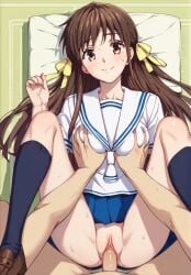 ai_generated breast_grab brown_eyes brown_hair clothed_sex from_above fruits_basket hair_ribbon missionary_position pov school_uniform sex skirt tohru_honda