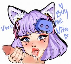 1girls balls blowjob cat_ears discord-tan discord_(app) licking licking_penis licking_testicles oral purple_eyes purple_hair site-tan