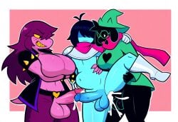 absurd_res ai_generated anal anal_sex anthro armband armor balls big_balls big_breasts big_penis black_body blue_body blue_penis blue_skin blush bodily_fluids boots bottomwear bovid breasts caprine clothed clothing crossed_arms cum cum_in_ass cum_inside deltarune erection eyewear female footwear freckles futanari genital_fluids genitals geometric_background glasses goat grin group group_sex gynomorph hair hair_over_eyes hat headgear headwear heart hellsonger hi_res human humanoid_genitalia humanoid_penis intersex jacket jewelry kris_(deltarune) larger_gynomorph larger_intersex male mammal navel pants penetration penis penis_size_difference purple_body purple_hair ralsei reptile scalie scarf sex sharp_teeth simple_background size_difference smile spiked_armband spiked_bracelet spikes standing susie_(deltarune) teeth thick_thighs threesome topwear trio undertale_(series) vein wizard_hat yellow_sclera yellow_teeth