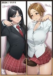 1futa 1girls big_breasts big_penis black_hair brown_hair button_down_shirt clothed clothing coat condom duo erection female fingering fully_clothed futanari glasses gloves human light-skinned_female light-skinned_futanari light_skin mostly_clothed neone-x penis pocky school_uniform schoolgirl skirt standing