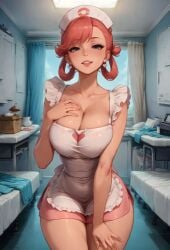 1girls absurd_res ai_generated apron bangs bed blue_eyes blush breasts cleavage collarbone earrings female female_only hair_rings hand_on_own_chest hat heart_cutout highres hospital indoors jewelry large_breasts looking_at_viewer miniskirt neewai nurse nurse_cap nurse_joy open_mouth pokemon red_hair smile solo stable_diffusion thighs