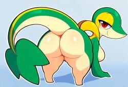 ai_generated anthro ass big_breasts big_butt blush breasts female generation_5_pokemon green_body hellsonger hi_res looking_at_viewer looking_back narrowed_eyes nintendo nude pokemon pokemon_(species) rear_view red_eyes reptile scalie simple_background smile snivy solo thick_thighs