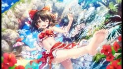 beach brown_hair feet flowers kicking official_art parasol reimu_hakurei ribbon short_hair shrine_maiden splashing swimsuit tagme touhou touhou_danmaku_kagura water