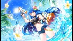 beach blue_hair breasts flowers hotpants long_hair official_art sky splashing sunlight sunshine swimsuit tagme tenshi_hinanawi touhou touhou_danmaku_kagura water water_gun