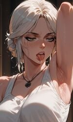 ai_generated aifutaempire armpits ciri female green_eyes light-skinned_female mascara saliva saliva_trail scar sexy_armpits solo the_witcher_(series) the_witcher_3:_wild_hunt tongue_out white_hair