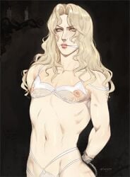 1boy 2024 alucard alucard_(castlevania) arms_behind_back blonde_hair bound castlevania castlevania_(netflix) gag lingerie long_hair looking_at_viewer male male_only nipples solo targso vampire