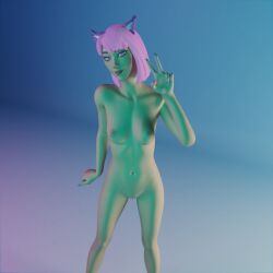 breasts cat_ears completely_nude completely_nude_female female female_only fortnite glowing_eyes harmonizer_(fortnite) head_tilt kfc_(artist) looking_at_viewer nude nude_female peace_sign pose posing pussy shiny shiny_skin solo solo_female v_sign