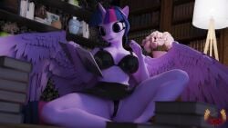 3d_(artwork) absurd_res alicorn anthro biped book bottomwear breasts clothed clothing digital_media_(artwork) equid equine eyelashes female friendship_is_magic genitals hasbro hi_res holding_object horn loveslove mammal my_little_pony mythological_creature mythological_equine mythology pupils purple_body pussy pussy_floss skirt solo twilight_sparkle_(mlp) wings