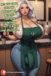 1futa ai_generated ass big_ass big_balls big_breasts big_butt big_penis breasts cock coffee coffee_cup curvy curvy_figure curvy_futa dialogue dickgirl dominant_futanari english_text futa_only futanari hips hourglass_figure huge_balls huge_cock hung hung_futanari light-skinned_futanari light_skin looking_at_viewer luvnari penis showing_penis solo solo_focus solo_futa starbucks talking_to_viewer tan_body tanned tanned_skin voluptuous voluptuous_futanari