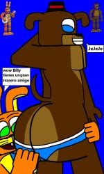 2boys alternate_version_available animatronic arm_behind_head ass ass big_butt billy_(nightmare_at_charles) blue_background butt_focus butt_touch candougie canine canine charles_(nightmare_at_charles) charles_rabbit dialogue domestic_dog duo fangame fangame_character five_nights_at_freddy's fnaf gay hand_behind_head male male_butt male_only nightmare_at_charles nmac_1 pecs plain_background pulling_clothing pulling_down_underwear rabbit simple_background smiling tagme tail translation_request underwear underwear_only