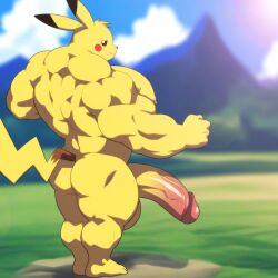 ai_generated hyper_muscles large_penis looking_at_viewer looking_back male male_only muscular outside pikachu pokemon pokemon_(species)