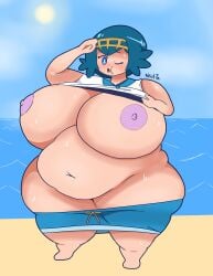 2d 2d_(artwork) beach belly big_belly chubby chubby_female fat fat_ass fat_butt game_freak lana_(pokemon) newt7n nintendo pokemon shorts shorts_down sweat sweating