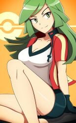 1girls ace_trainer_(pokemon) ace_trainer_(pokemon_oras) ass boobs breasts female female_only fingerless_gloves game_freak green_hair large_breasts latex latex_skirt nintendo npc_trainer pokemon pokemon_only pokemon_oras pokemon_rgby shiny_ass shiny_thighs skirt vivivoovoo